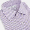 View 2 of product The Turnbull & Asser Purple Micro Shadow Check Mayfair Shirt features long sleeves, a classic collar, white buttons, and a subtle blue and white check pattern—perfect for formal wear and shown on a plain white background.