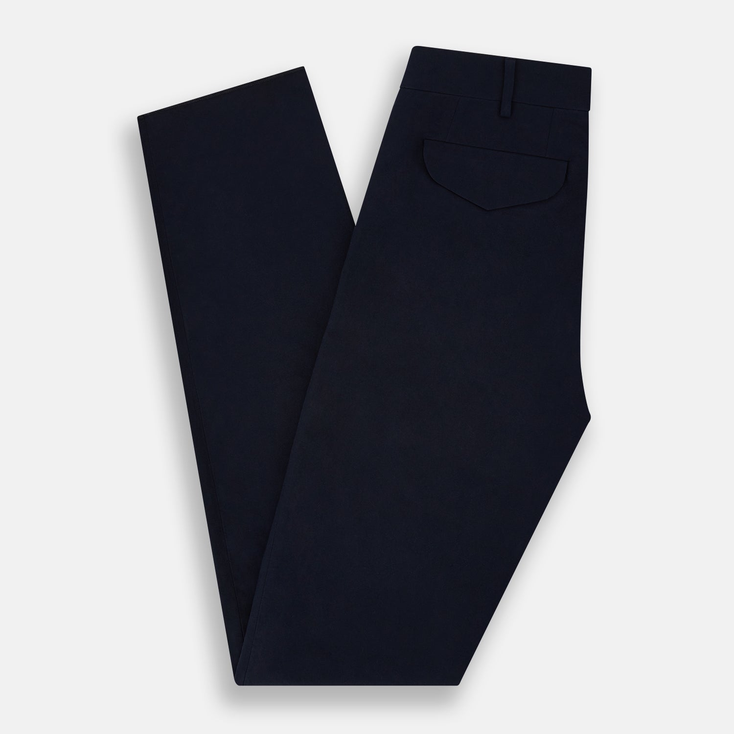 View 14 of product Turnbull & Asser’s Midnight Blue Winston Trousers, in high-twist cotton with belt loops and a button closure, are shown flat against a plain white background.