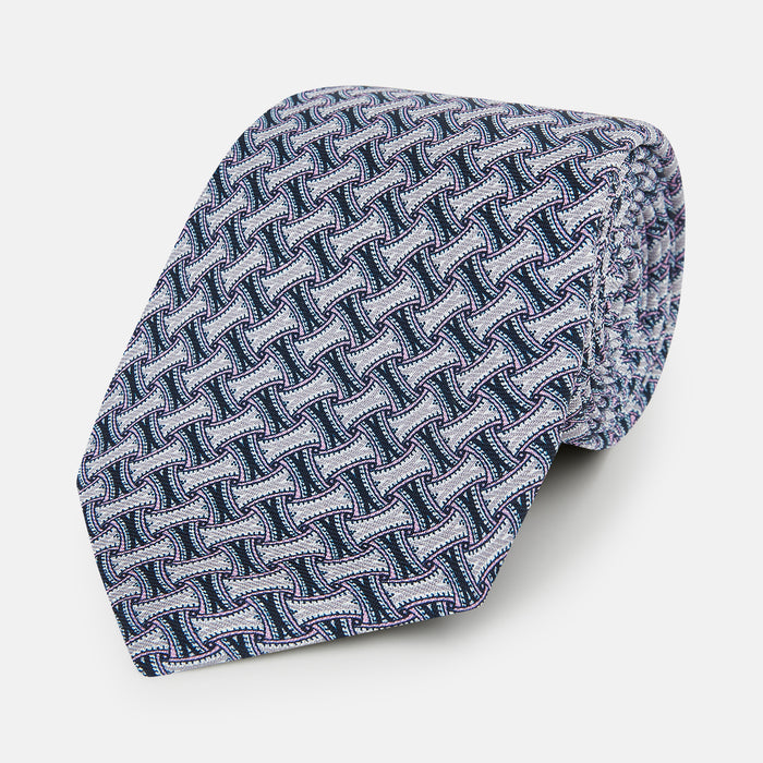 Navy and Pink Weave Patterned Silk Tie