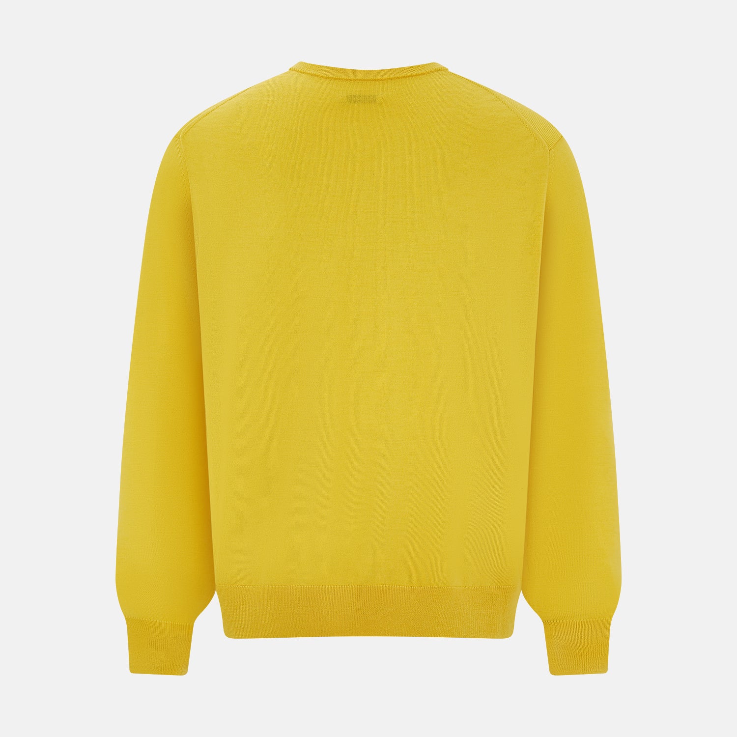 View 3 of product The Turnbull & Asser Canary Yellow Fine Merino V-Neck Jumper, crafted from soft knitwear, features long sleeves and is displayed on a white background.