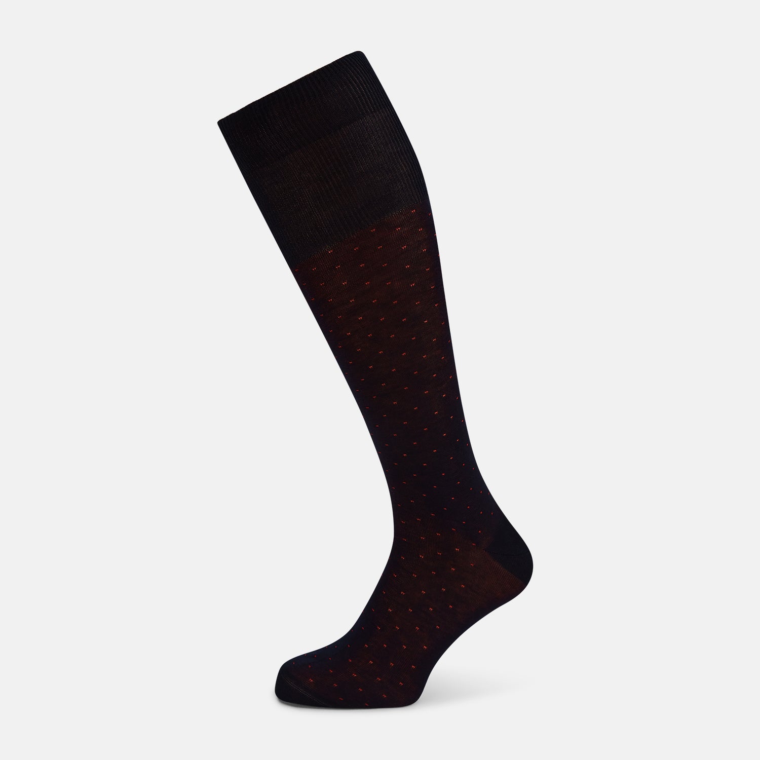 View 1 of product A single Turnbull & Asser Navy/Red Polka Dot Long Sock, crafted from mercerised Egyptian cotton, is displayed against a plain white background.