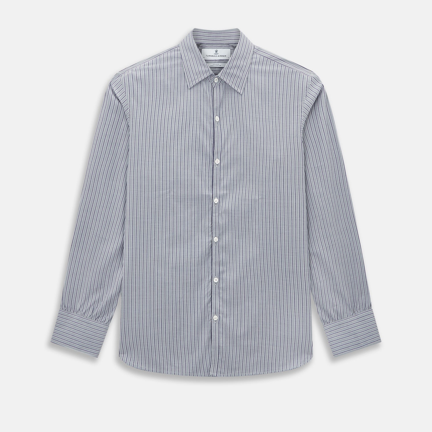 View 1 of product The Turnbull & Asser Grey Ticking Stripe Westminster Shirt features thin vertical grey stripes and a classic collar, showcased against a plain white background.