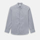 The Turnbull & Asser Grey Ticking Stripe Westminster Shirt features thin vertical grey stripes and a classic collar, showcased against a plain white background.