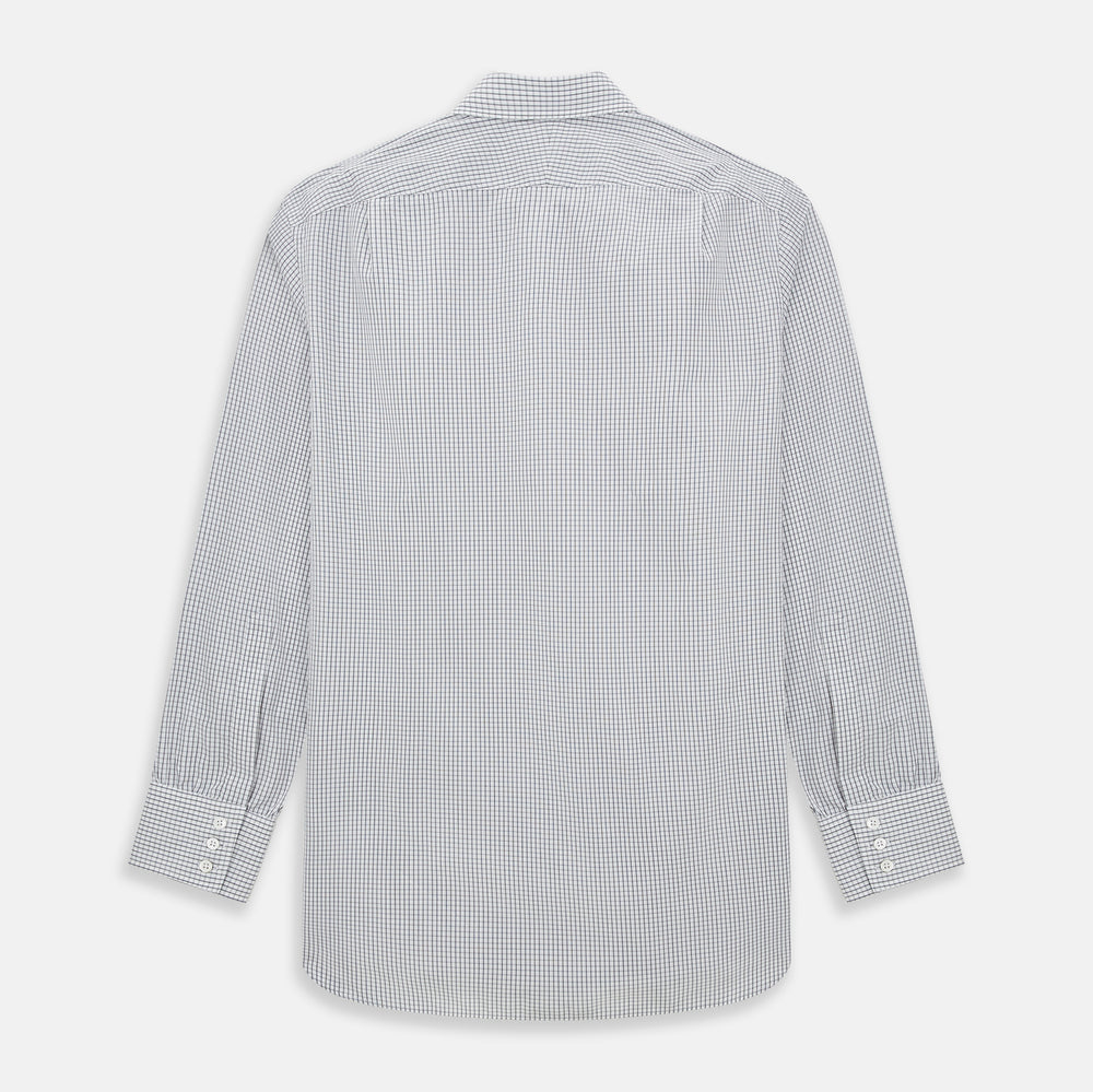 The Midnight Blue Multi Check Mayfair Shirt by Turnbull & Asser is a pure cotton, long-sleeve button-down featuring a small blue multi-check pattern, pointed collar, and buttoned cuffs.