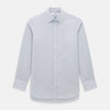 View 1 of product The Blue and Brown Ticking Stripe Mayfair Shirt by Turnbull & Asser, crafted from premium Italian cotton with a collar, white buttons, and buttoned cuffs, is an essential addition to any gentleman's wardrobe.