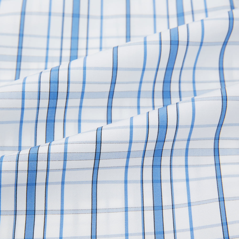 The Turnbull & Asser Blue Plaid Check Mayfair Shirt is a long-sleeve, button-down shirt with a T&A collar and blue and white plaid pattern, shown on a white background.