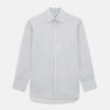 View 1 of product The Turnbull & Asser Midnight Blue and Grey Fine Stripe Mayfair Shirt features long sleeves, pure cotton fabric, a pointed collar, button-down front, and buttoned cuffs—ideal for formal wear.
