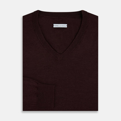 Burgundy Fine Merino V-Neck Jumper Image 3