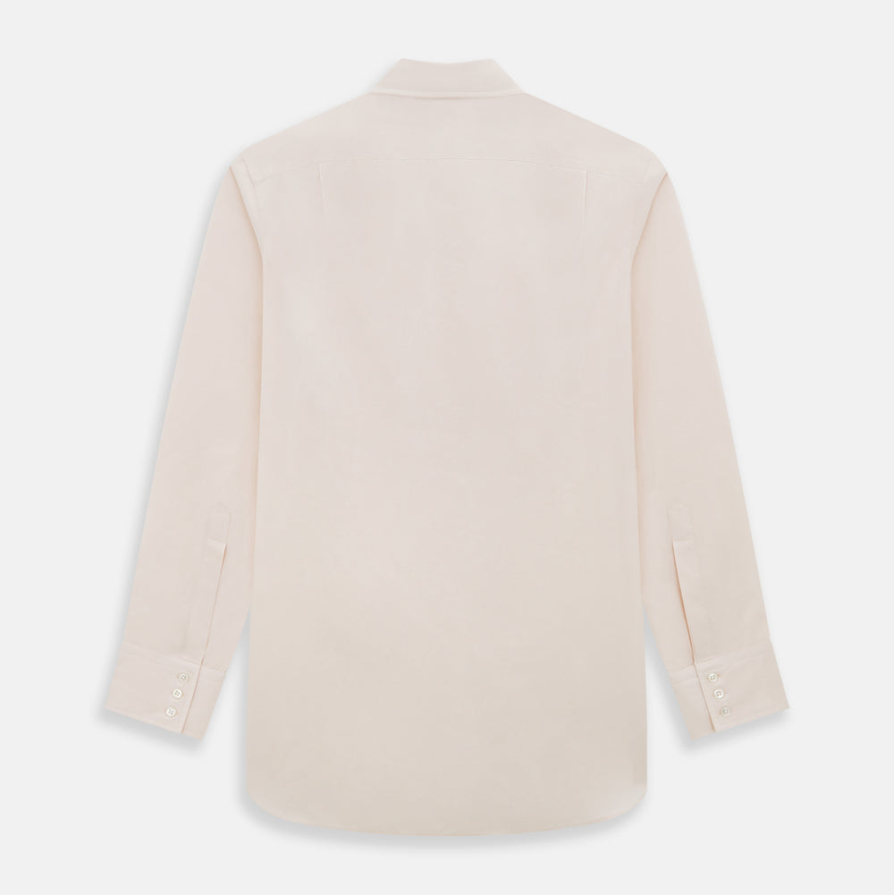 A plain, long-sleeve Pale Pink Mayfair Shirt by Turnbull & Asser with a T&A collar and buttoned cuffs, laid flat on a white background.
