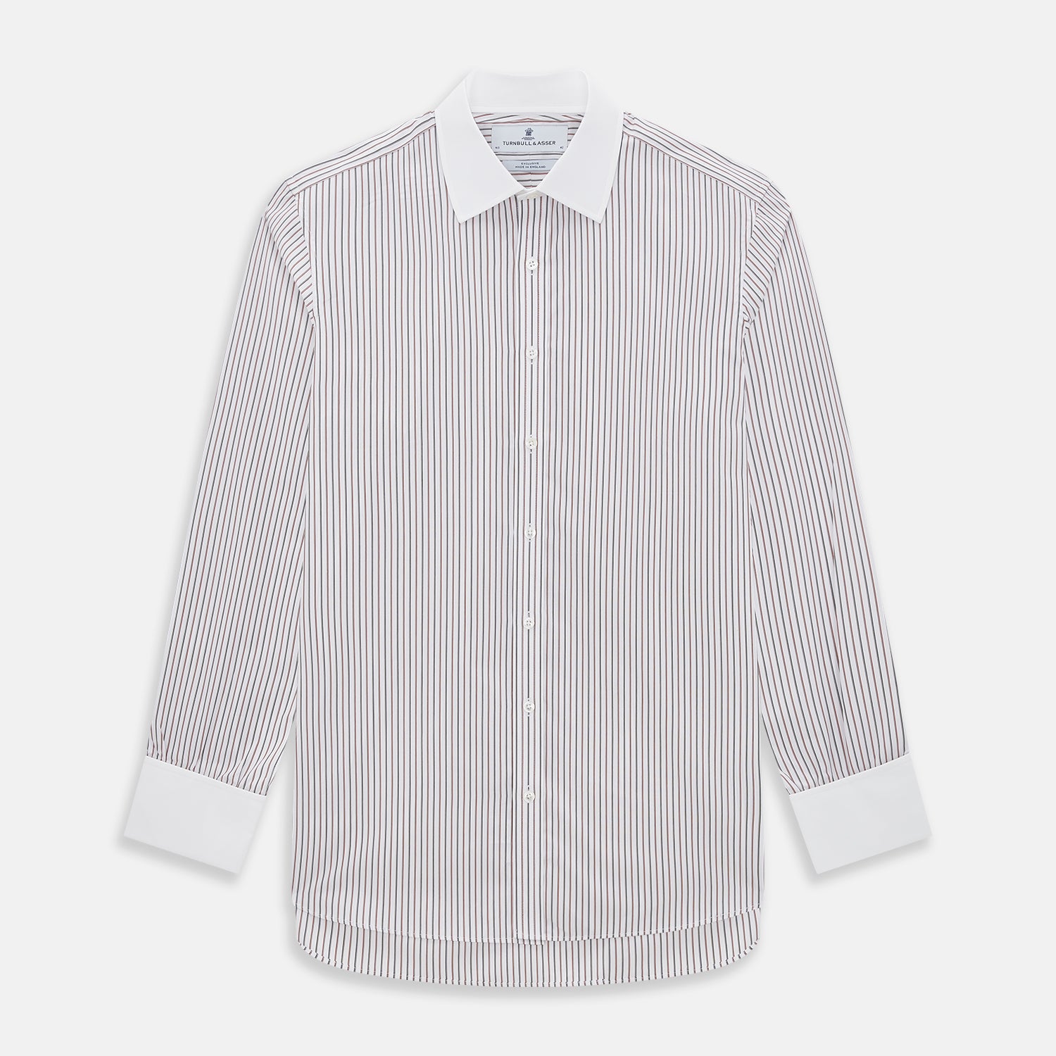 View 1 of product The Red Double Stripe Shirt with contrast T&A collar and cuffs by Turnbull & Asser features classic thin vertical red stripes and solid white collar and cuffs, laid flat on a white background for a timeless look.