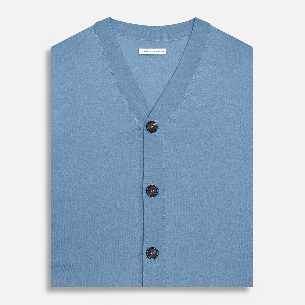 Pale Blue Merino V neck Sleeveless Cardigan Turnbull Asser