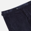 View 2 of product The Turnbull & Asser Navy Corduroy Henry Trousers are tailored fit with a straight-leg cut, made from a wool-cotton blend, and feature front button and zip closure, shown against a plain white background.
