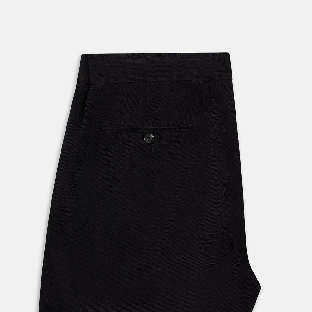 Navy Corduroy Miles Trousers by Turnbull & Asser, featuring an elasticated waist, straight-leg cut, and side pockets, displayed flat on a white background.