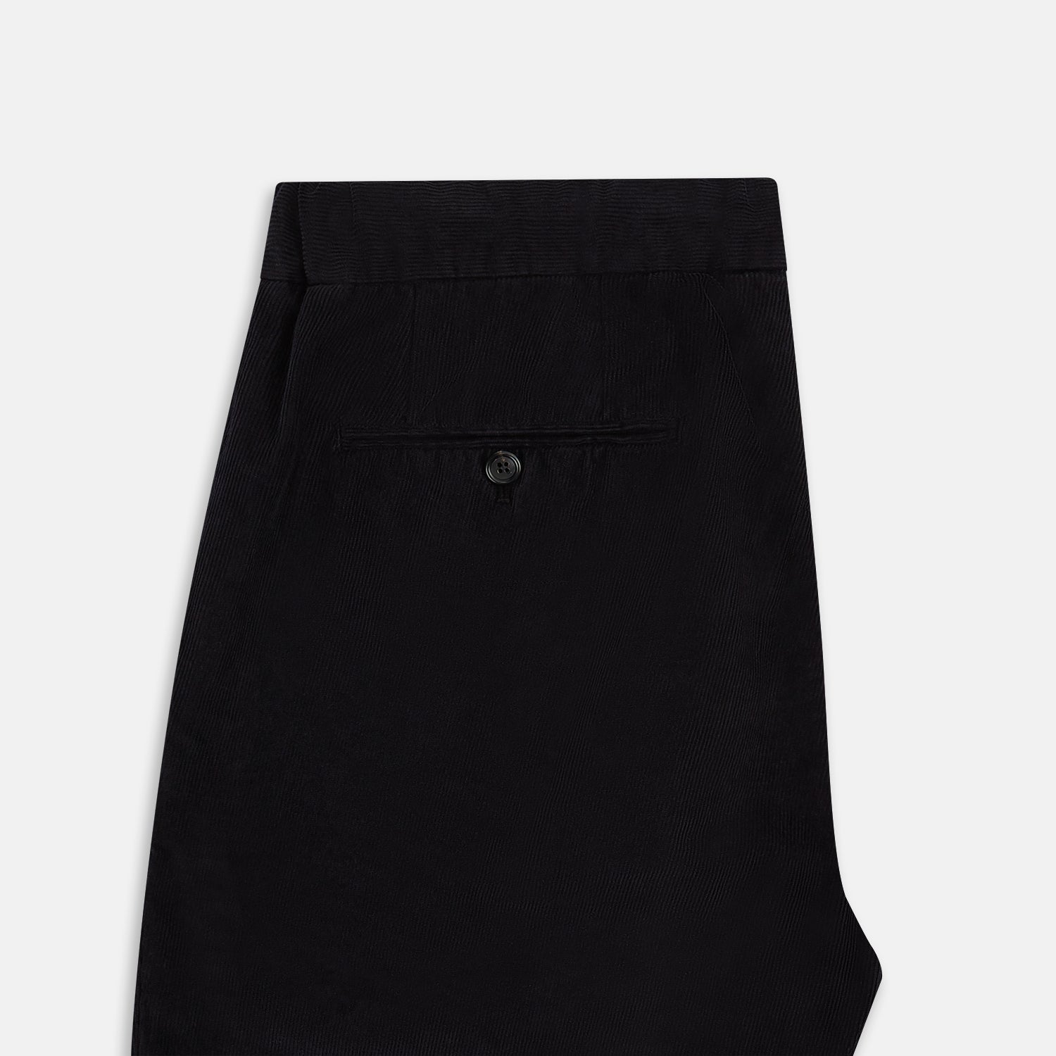 View 5 of product Navy Corduroy Miles Trousers by Turnbull & Asser, featuring an elasticated waist, straight-leg cut, and side pockets, displayed flat on a white background.