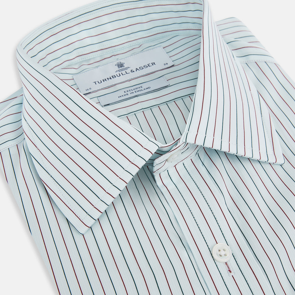 The Turnbull & Asser Green and Burgundy Pinstripe Mayfair Shirt, a long-sleeved, button-down with a classic collar, is ideal for formal wear and shown flat on a white background.