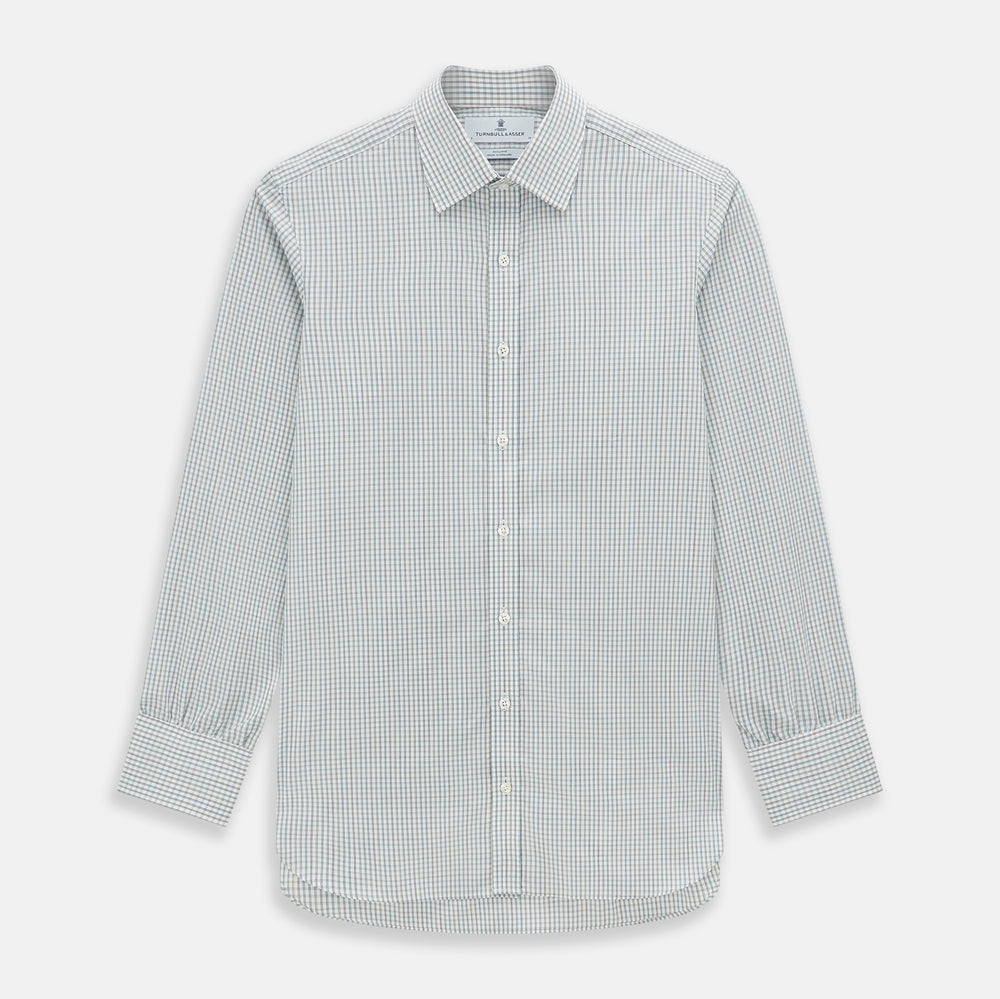 The Turnbull & Asser Forest Green with Multi-Hued Graph Check Mayfair Shirt is a long-sleeve button-up with a classic collar and buttoned cuffs, featuring fine British craftsmanship, shown flat on a white background.