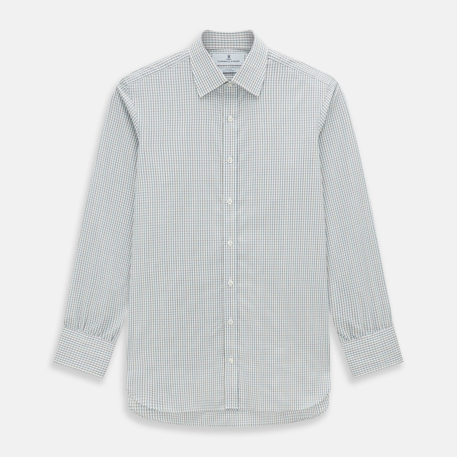 View 1 of product The Turnbull & Asser Forest Green with Multi-Hued Graph Check Mayfair Shirt is a long-sleeve button-up with a classic collar and buttoned cuffs, featuring fine British craftsmanship, shown flat on a white background.