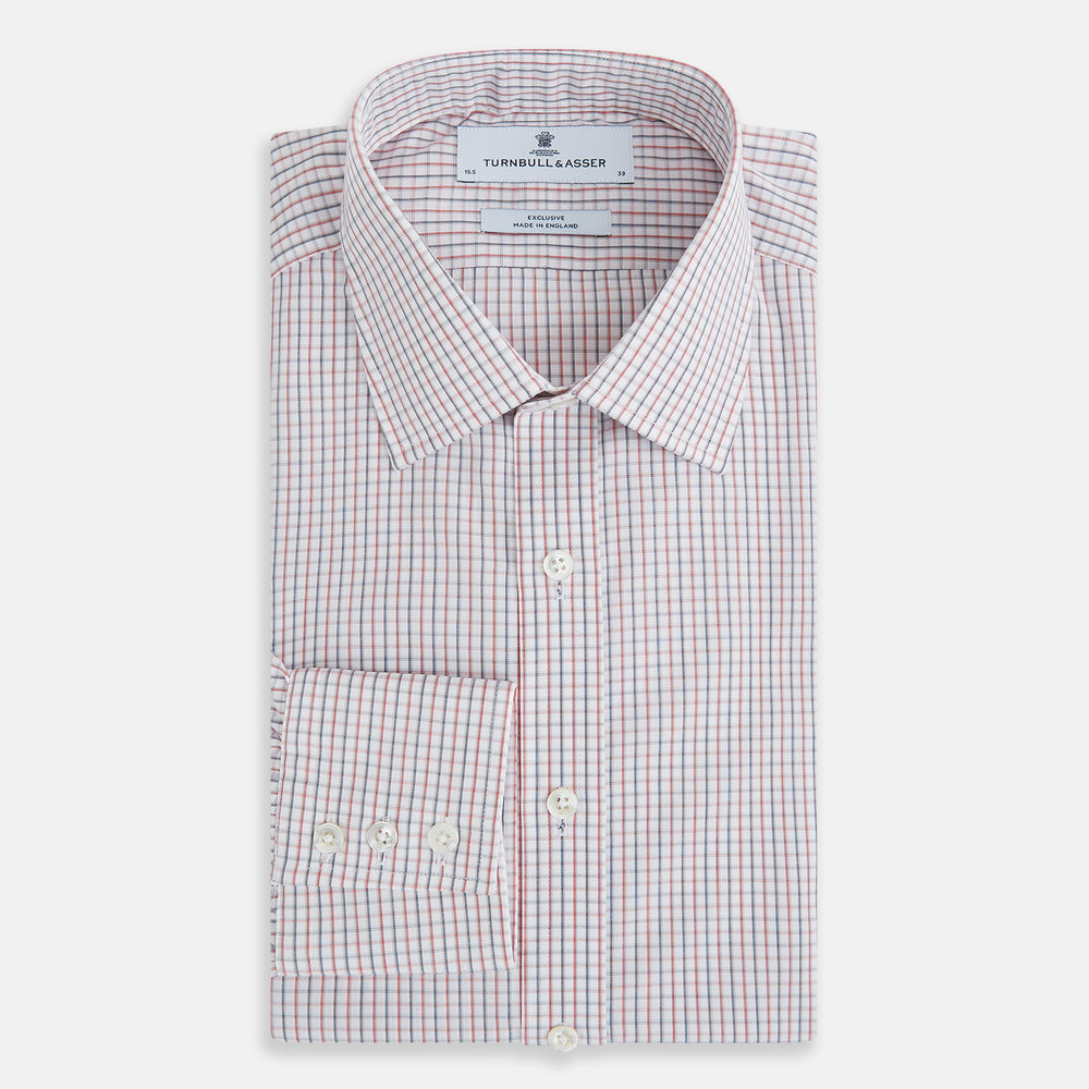 Turnbull & Asser Red and Blue Multi Check Mayfair Shirt with a classic T&A collar in premium Italian cotton, neatly laid flat on a white surface.