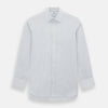 View 1 of product The Navy and Blue Pinstripe Mayfair Shirt by Turnbull & Asser, featuring a classic collar and crafted from premium Italian cotton, is shown against a white background.