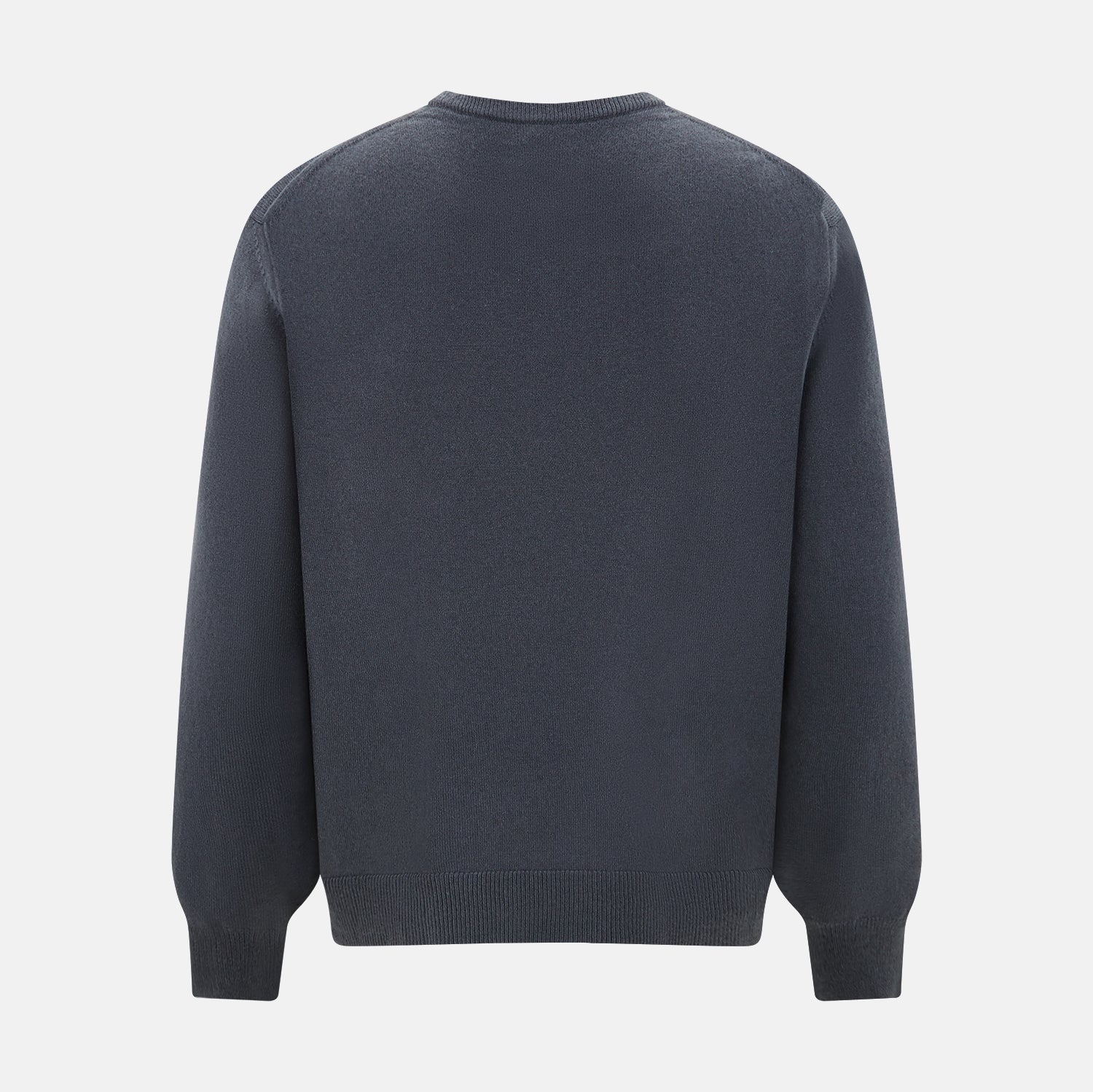 View 3 of product The Turnbull & Asser Grey Cashmere Round Neck Jumper is shown against a light gray background, featuring a relaxed fit with ribbed cuffs, collar, and hem for an elegant look.