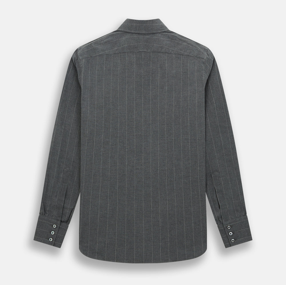 The Charcoal Melange Wide Stripe Westminster Shirt from Turnbull & Asser features long sleeves, a tailored fit, pointed collar, buttoned cuffs, and subtle wide stripes, shown laid flat on a white background.