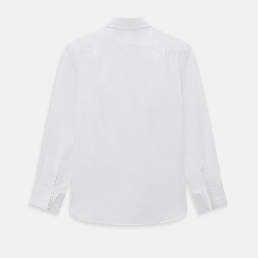 The Turnbull & Asser Tailored Fit White Marcella Front Shirt features a Kent Collar and double cuffs, shown laid flat on a white background. Perfect as a black tie shirt for formal events.