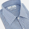 View 2 of product The Steel Blue Ticking Stripe Westminster Shirt by Turnbull & Asser features a classic fit, Turnbull collar, vertical stripes, white buttons, and buttoned cuffs—showcasing refined British craftsmanship.
