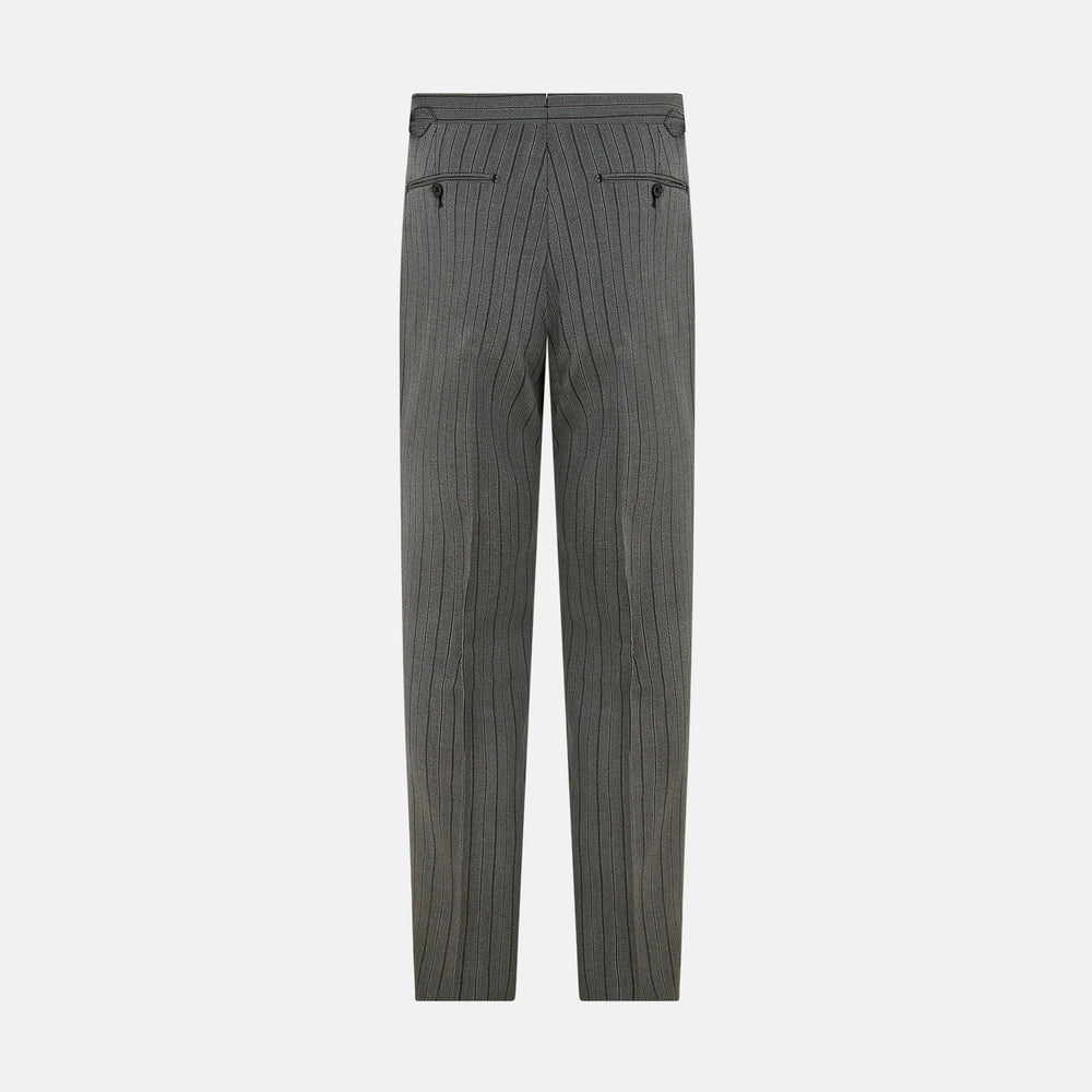 The Grey Multi Pinstripe Morning Dress Trousers by Turnbull & Asser feature a tailored fit, vertical black pinstripes, and a flat front design—ideal for formal wear. Shown against a plain white background.