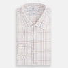 View 5 of product Turnbull & Asser’s Purple and Rose Multi Check Mayfair Shirt features a long-sleeve British design with a white base and purple and rose checks, shown on a plain white background.