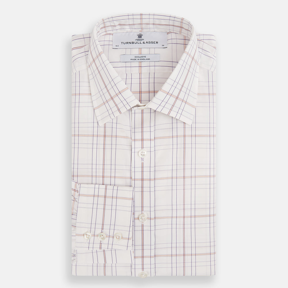 Turnbull & Asser’s Purple and Rose Multi Check Mayfair Shirt features a long-sleeve British design with a white base and purple and rose checks, shown on a plain white background.
