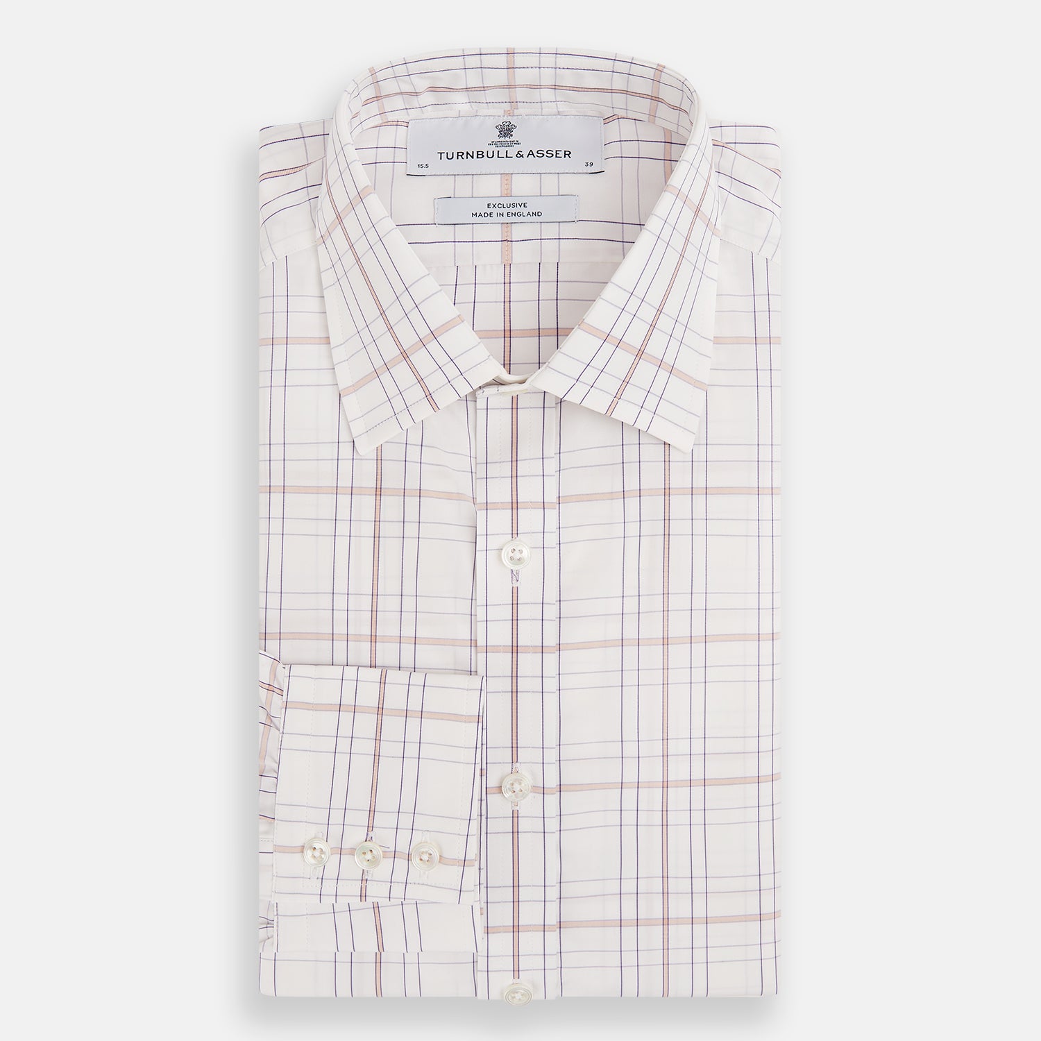 View 5 of product Turnbull & Asser’s Purple and Rose Multi Check Mayfair Shirt features a long-sleeve British design with a white base and purple and rose checks, shown on a plain white background.