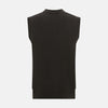 View 3 of product The Turnbull & Asser Dark Brown Cashmere Sleeveless Cardigan has a V-neck, button-up front, two front pockets, and ribbed trim on the armholes and hem, shown against a plain white background.