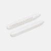 View 1 of product Two Short Sterling Silver Collar Stays by Turnbull & Asser are displayed on a white background; one is engraved with the brand name, while the other is plain. Both have rounded tips and a polished, reflective finish.