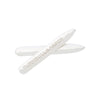 View 2 of product Two Short Sterling Silver Collar Stays by Turnbull & Asser are displayed on a white background; one is engraved with the brand name, while the other is plain. Both have rounded tips and a polished, reflective finish.