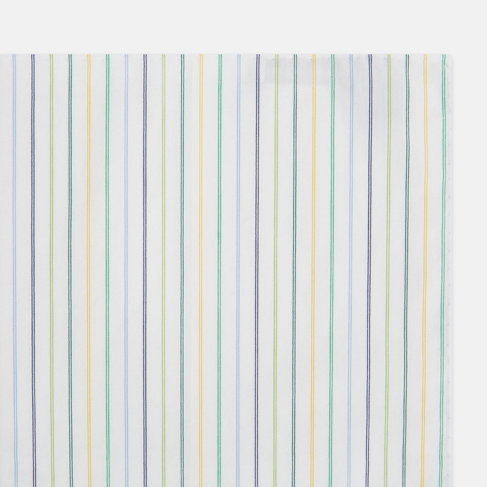 The Turnbull & Asser Yellow Multi Double Pinstripe Hand-Rolled Handkerchief features white fabric with thin blue, green, yellow, and gray stripes. Meticulously hand-rolled edges showcase the superior English craftsmanship.