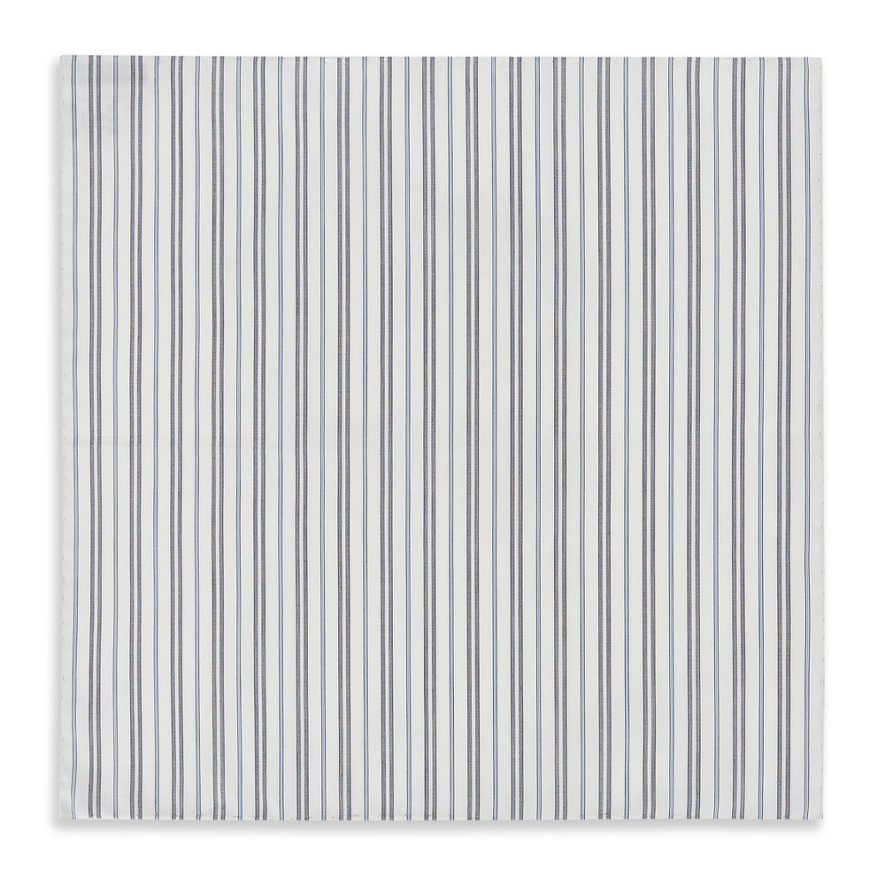 The Turnbull & Asser Navy and Light Blue Track Stripe Hand-Rolled Handkerchief features vertical stripes in blue, black, and gray on white with hand-rolled edges, expertly crafted in England.