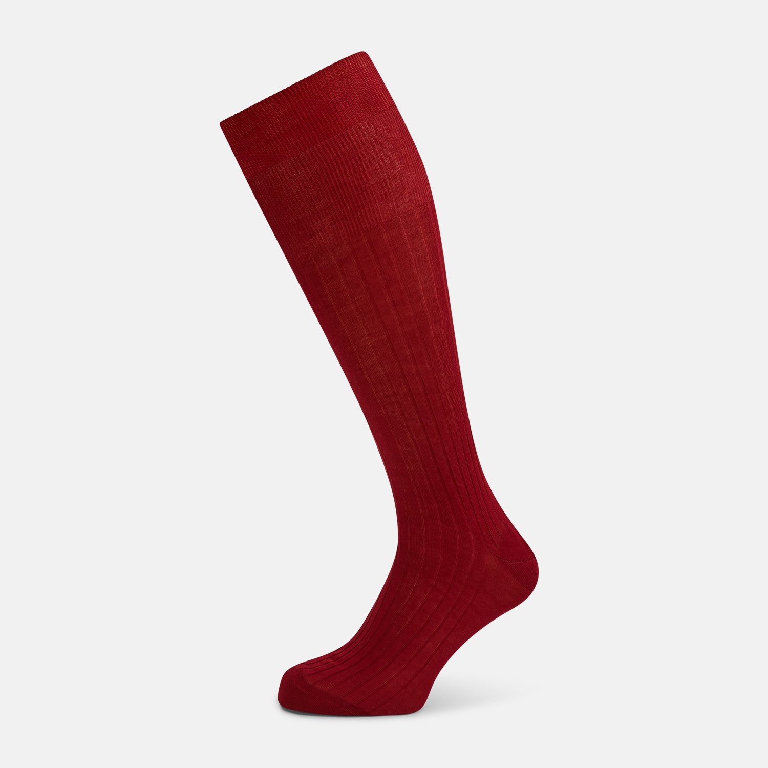 View 1 of product Turnbull & Asser's Wine Long Socks: a single, over-the-calf sock in solid deep red with ribbed texture, displayed on a plain light background.