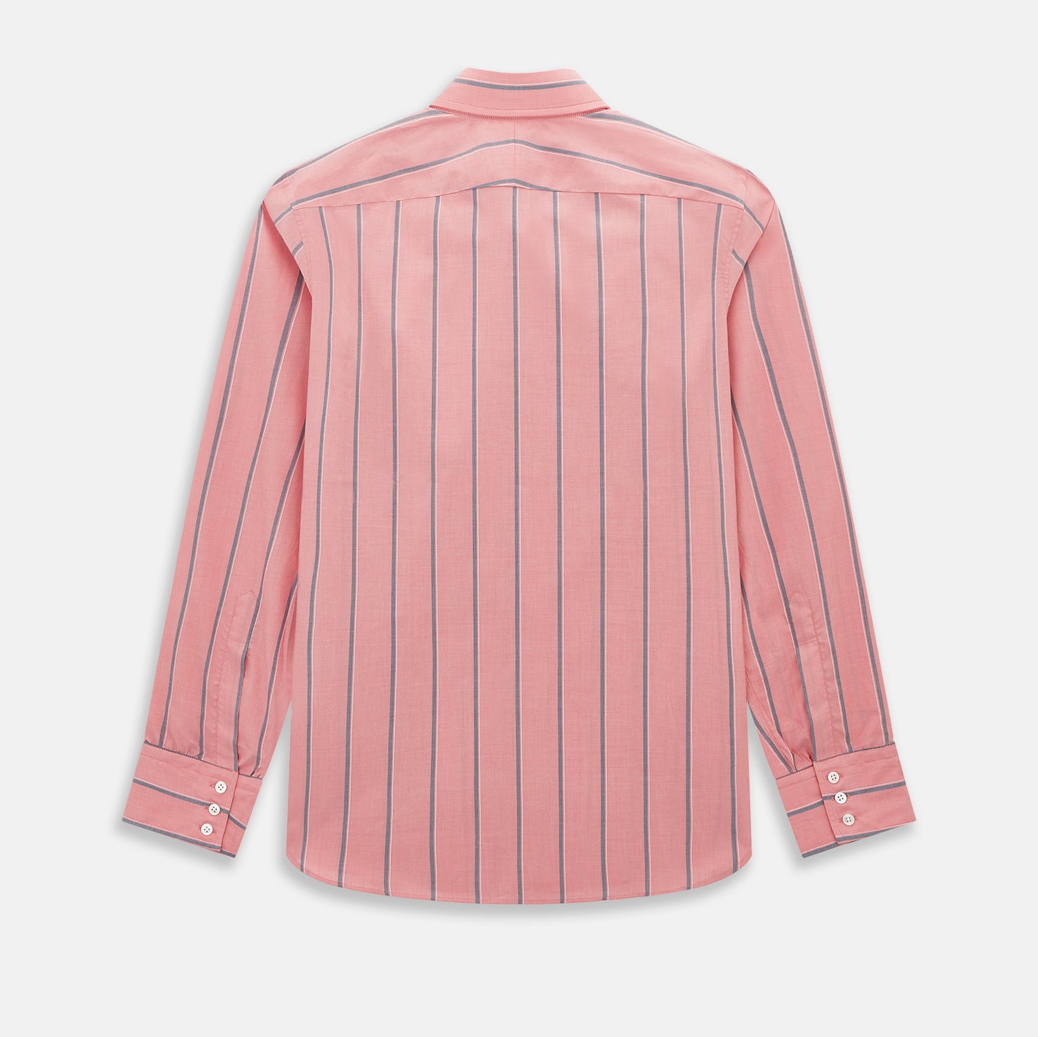 View 3 of product The Coral Pink Track Stripe Westminster Shirt by Turnbull & Asser features vertical navy and white stripes, a tailored fit, pointed collar, and buttoned cuffs—is displayed laid flat on a white background.