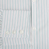 View 4 of product The Turnbull & Asser Turquoise and Red Ticking Stripe Windsor Shirt, featuring a classic collar and buttoned cuffs, is displayed flat against a white background.