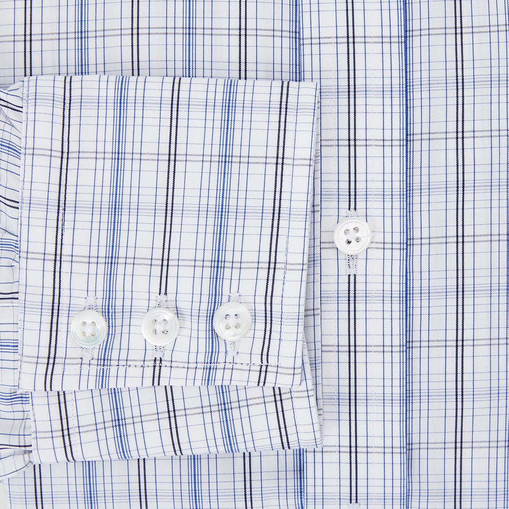 The Turnbull & Asser Blue and Navy Multi Check Mayfair Shirt features a classic T&A collar and long sleeves, with a blue multi-check pattern on white, neatly displayed against a plain white background.