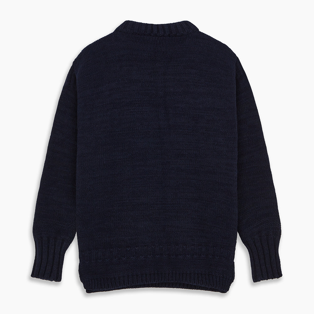 Image 3 of product The Turnbull & Asser Navy Wool and Cotton Blend Albany Guernsey Jumper, shown flat on a white background, features long sleeves, a classic cable knit pattern on the upper half, and ribbed cuffs, hem, and collar.