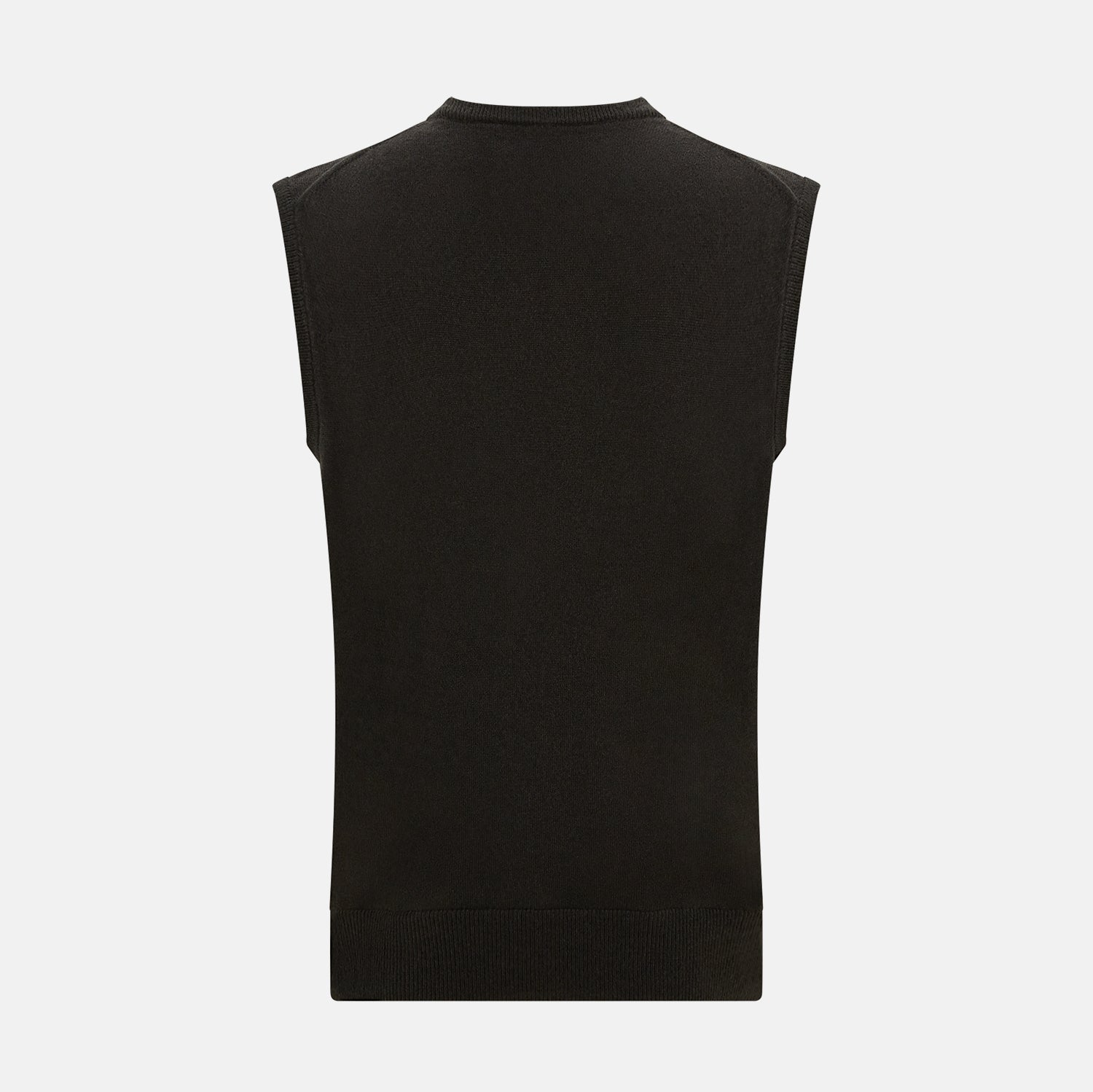 View 3 of product A dark brown cashmere round neck vest by Turnbull & Asser, sleeveless and displayed against a plain white background.