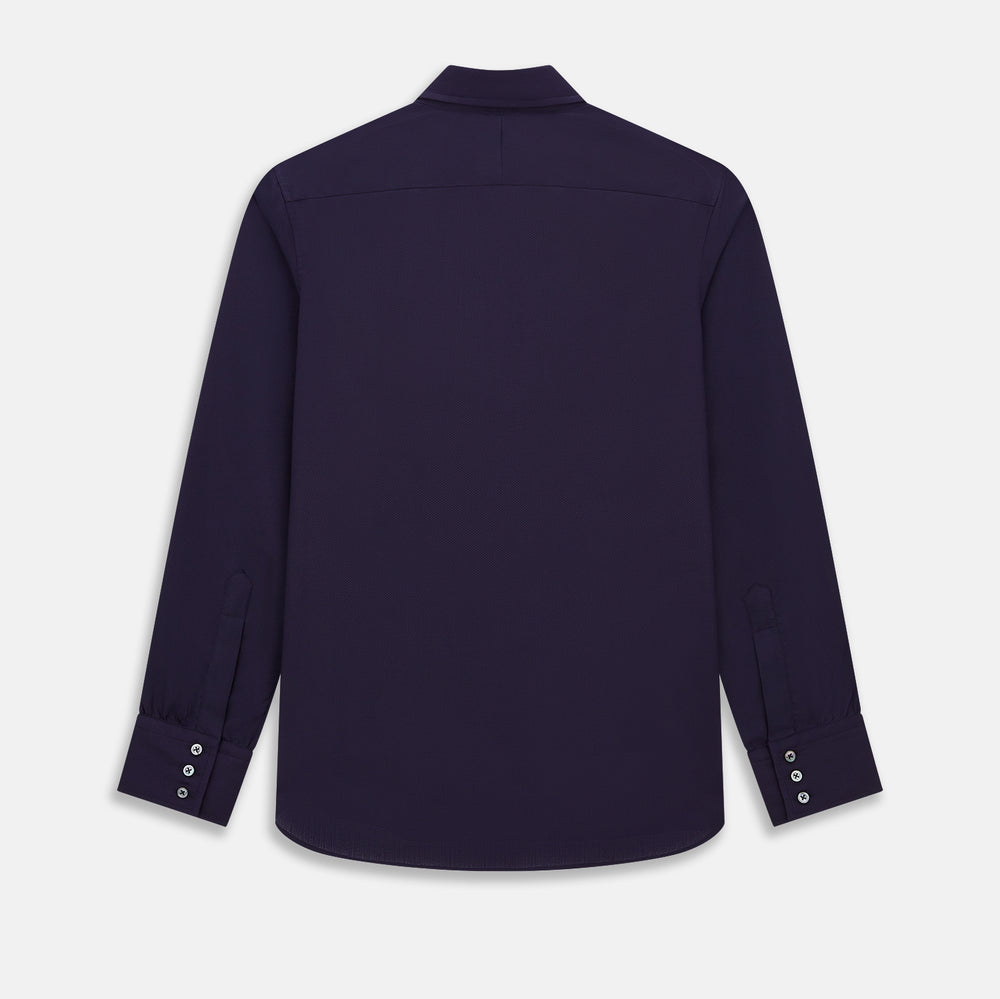 The Navy Textured Windsor Shirt by Turnbull & Asser features long sleeves, a Windsor collar, buttoned cuffs, and white buttons—a fine example of British craftsmanship—set against a plain white background.