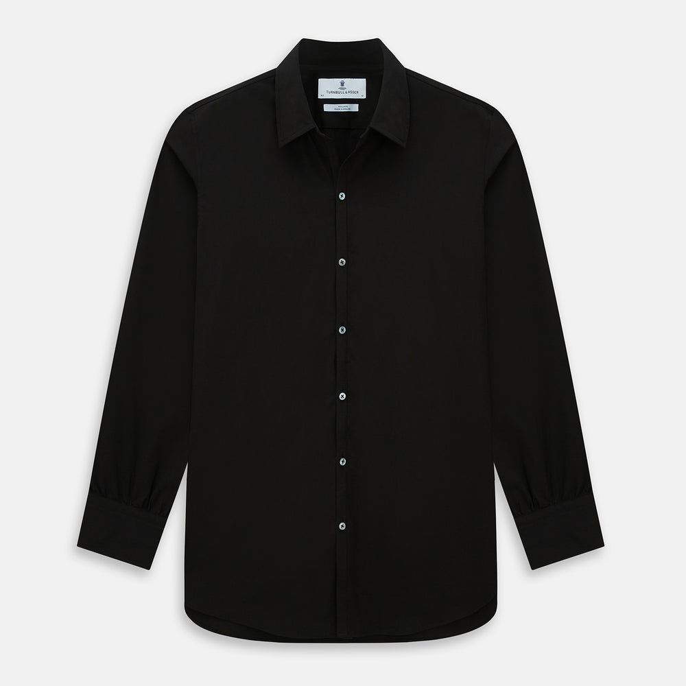 A long-sleeved, collared MIDNIGHT BLUE WINDSOR SHIRT by Turnbull & Asser, laid flat on a white background, highlights classic British craftsmanship.