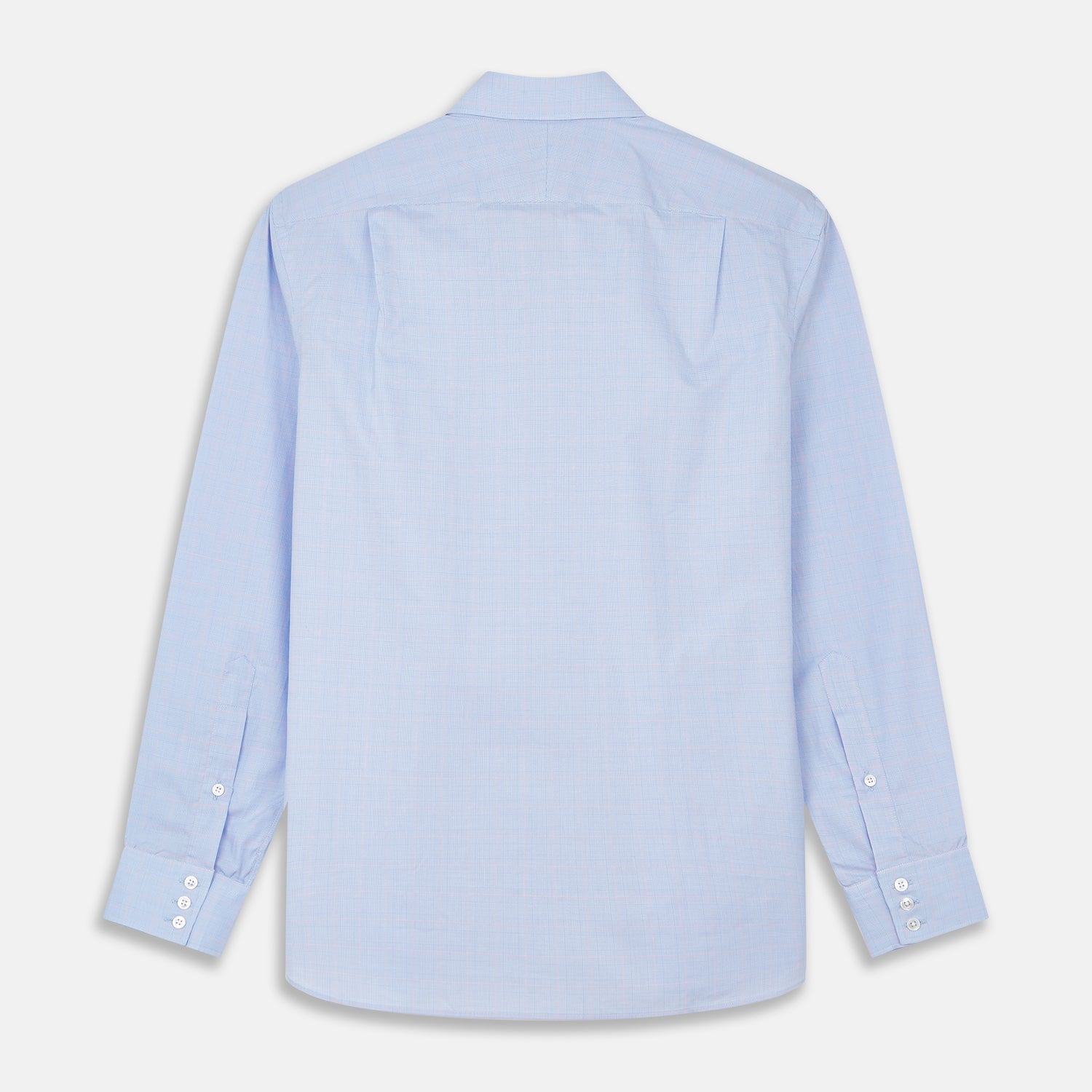 View 3 of product A Blue and Red Prince of Wales Check Mayfair Shirt by Turnbull & Asser, featuring long sleeves, a spread collar, buttoned cuffs, and button-up front, is laid flat on a white background.