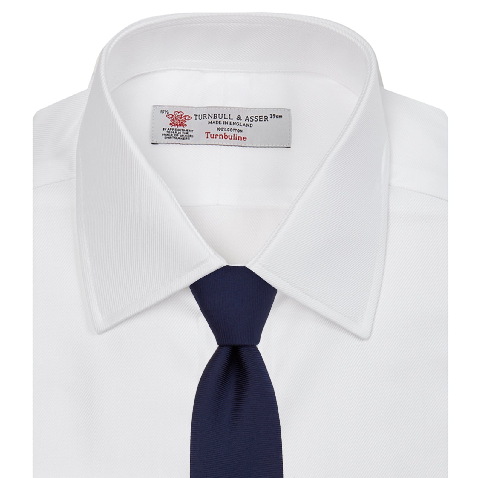 View 4 of product A neatly folded Turnbull & Asser White Oxford Shirt with T&A collar and double cuffs is displayed on a light blue background.