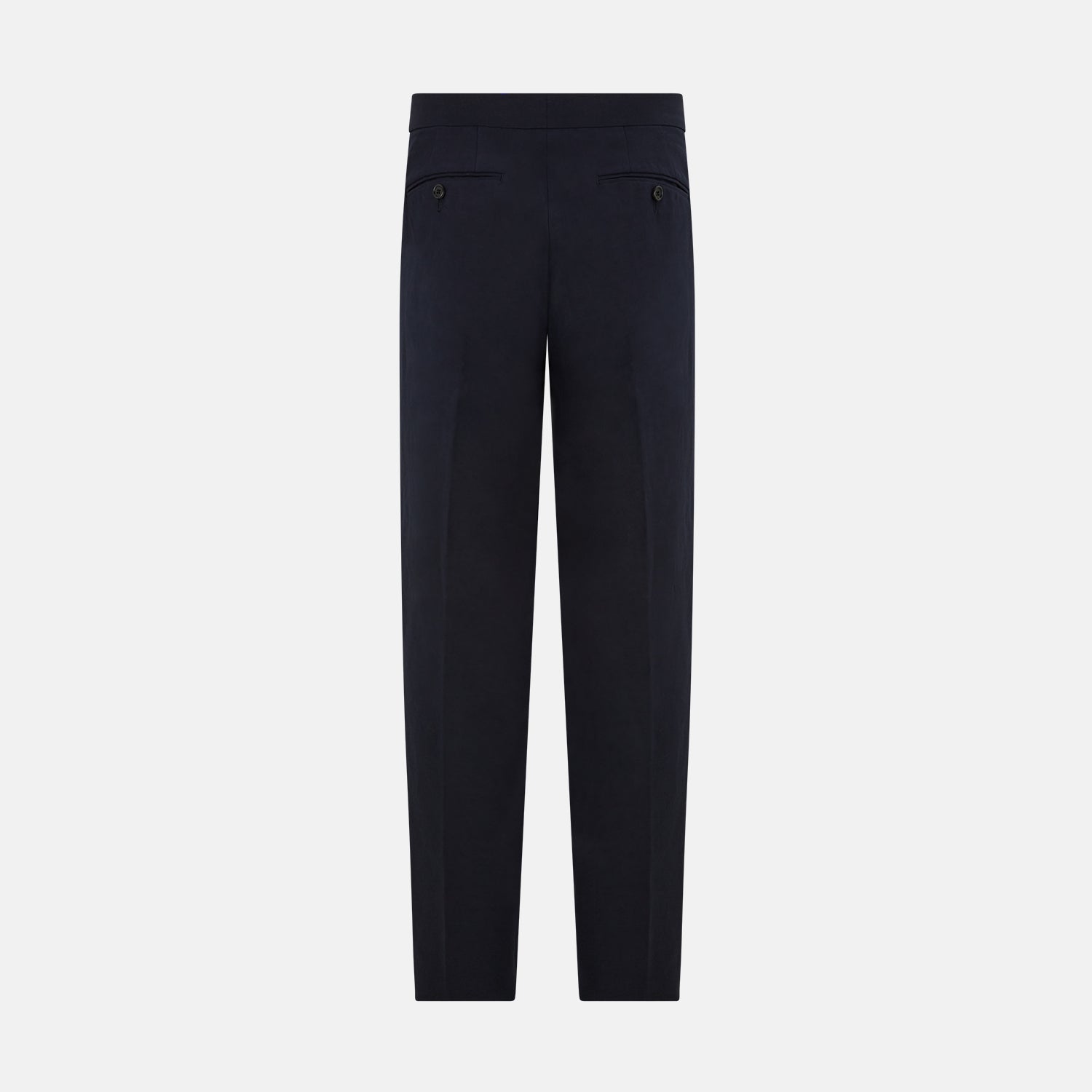 View 3 of product Turnbull & Asser Navy Linen Henry Trousers feature a button closure and pressed front creases, ideal as formal navy trousers, and are shown against a plain white background.
