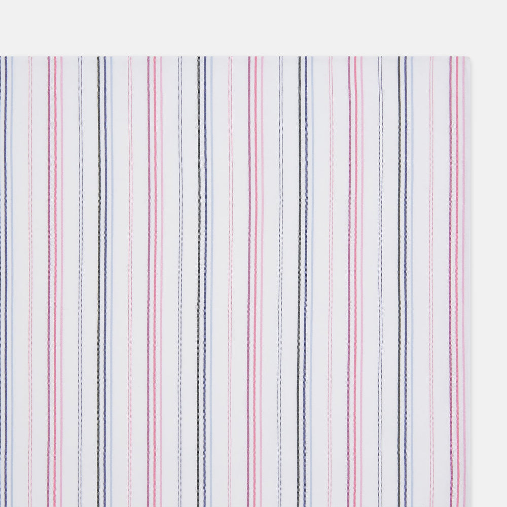 The Turnbull & Asser Hand Rolled Pink and Blue Multi Stripe Handkerchief features evenly spaced vertical stripes on white—a refined pocket square and essential gentleman's accessory.
