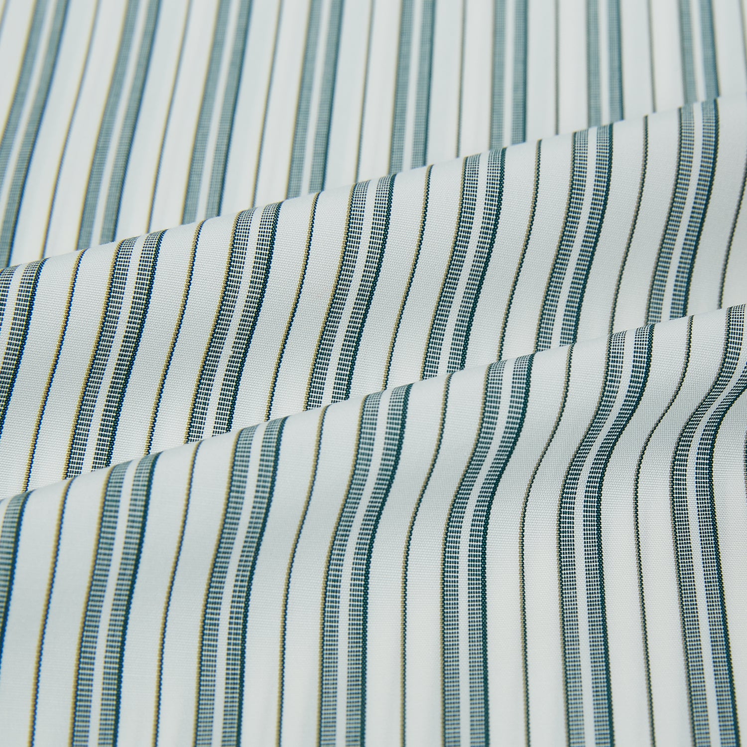 View 8 of product The OLIVE & SAGE GREEN MULTI TRACK STRIPE WESTMINSTER SHIRT by Turnbull & Asser features a classic Turnbull collar and long sleeves, showcasing British craftsmanship with its striped design, presented against a white background.