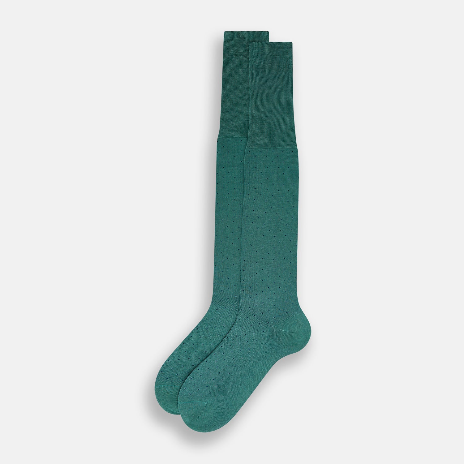 View 2 of product Turnbull & Asser's Forest Green/Navy Polka Dot Long Sock, made from mercerised Egyptian cotton, features a subtle dotted pattern and is shown against a plain white background.